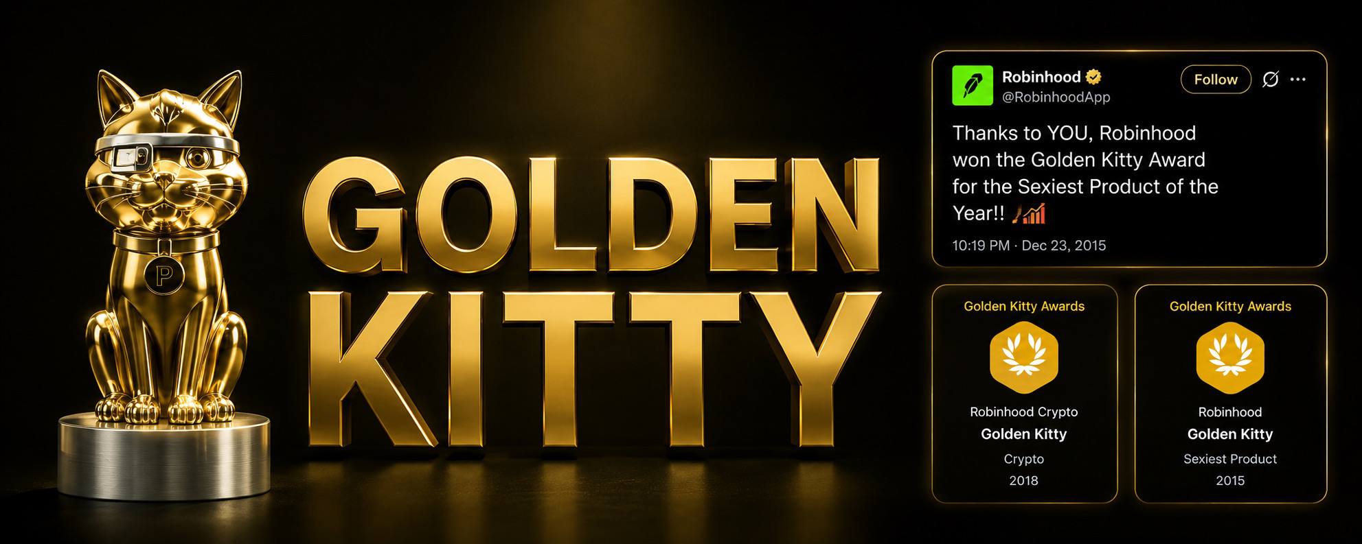 GOLDEN KITTY banner featuring the golden cat trophy and Product Hunt award cards
