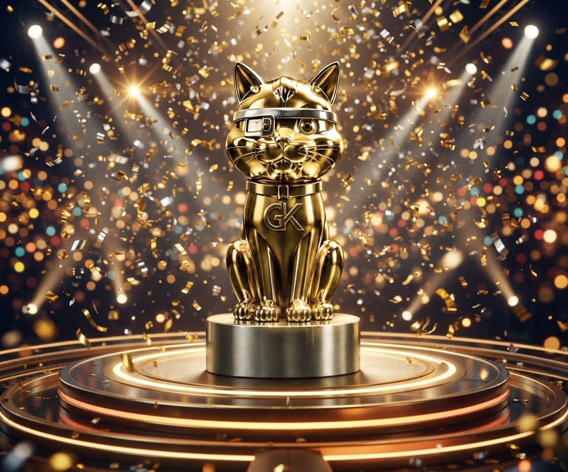Golden Kitty trophy on an award podium with confetti